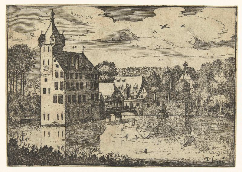 Etching by Jan Brueghel (I) depicting Kasteel Unterburg te Nürnberg with sunlight and greenery.