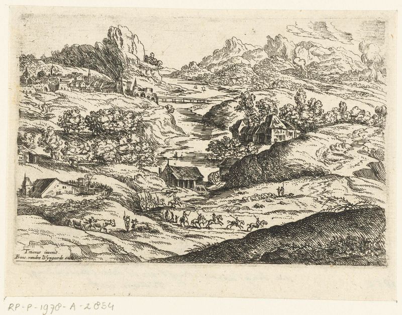 Landschap met ruiters, etching by Lucas van Uden, depicting riders and trees in soft light.