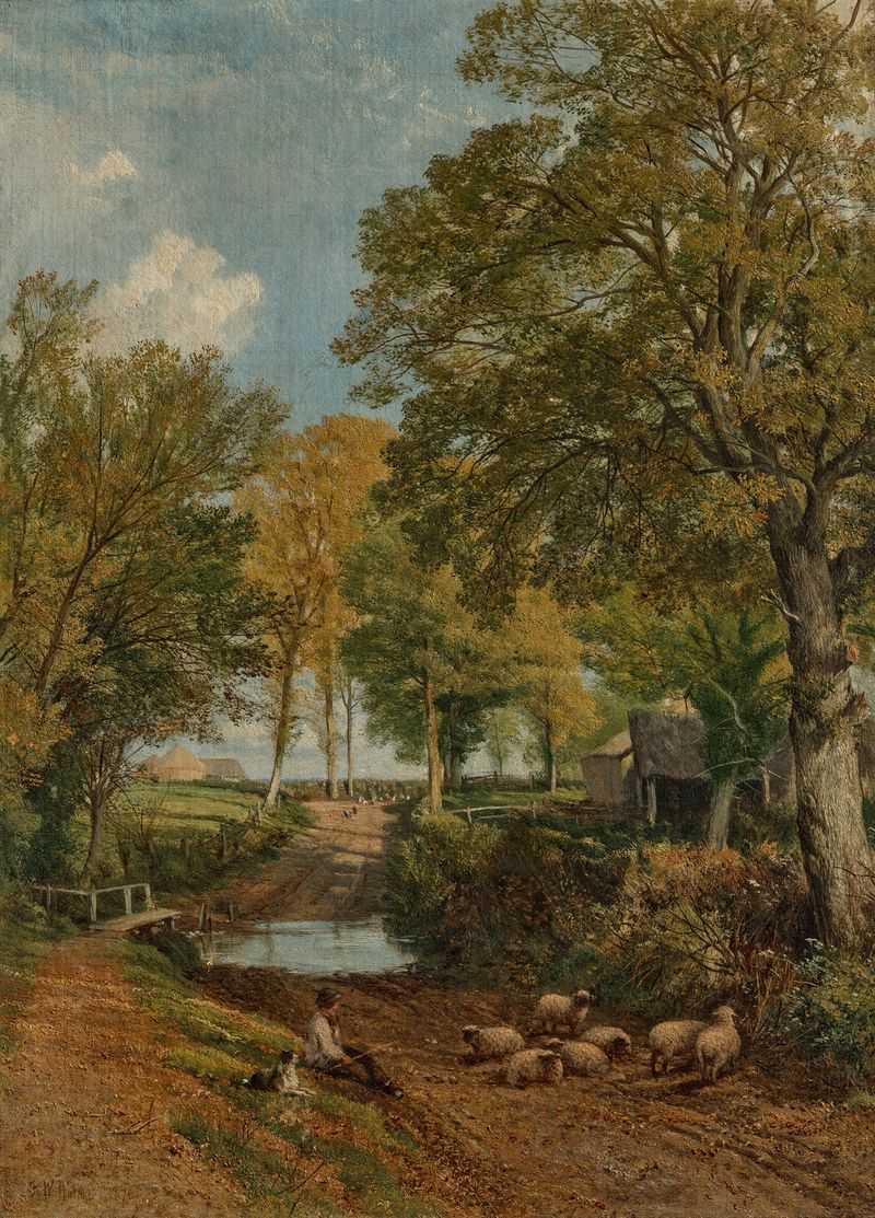 Un paisaje inglés de Frederick William Hulme, 1870, que representa colinas y un camino serpenteante.