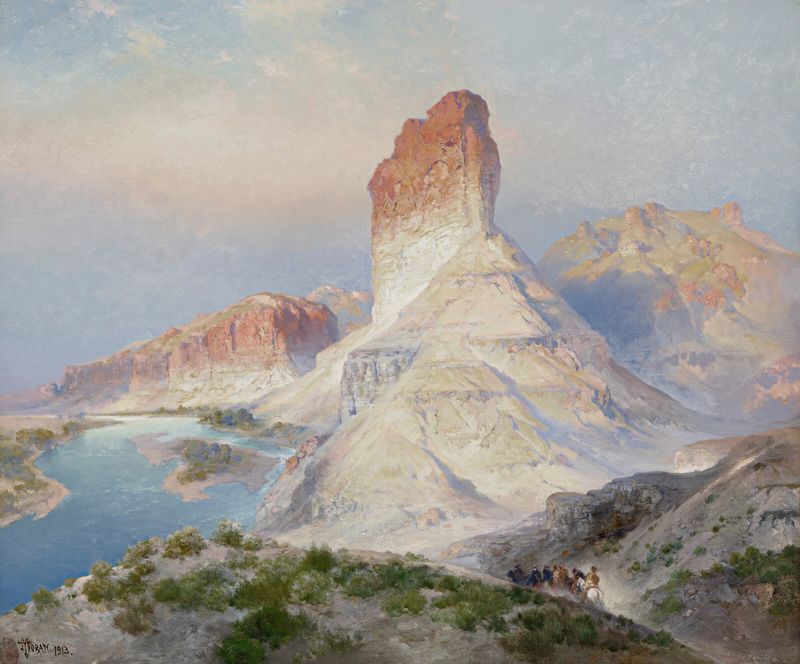The Castle Rock, Green River, Wyoming de Thomas Moran, óleo sobre tela que retrata uma montanha e um rio.