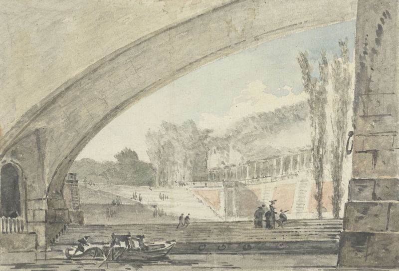 Gravura de Louis Gabriel Moreau representando uma paisagem com uma ponte e terraços.