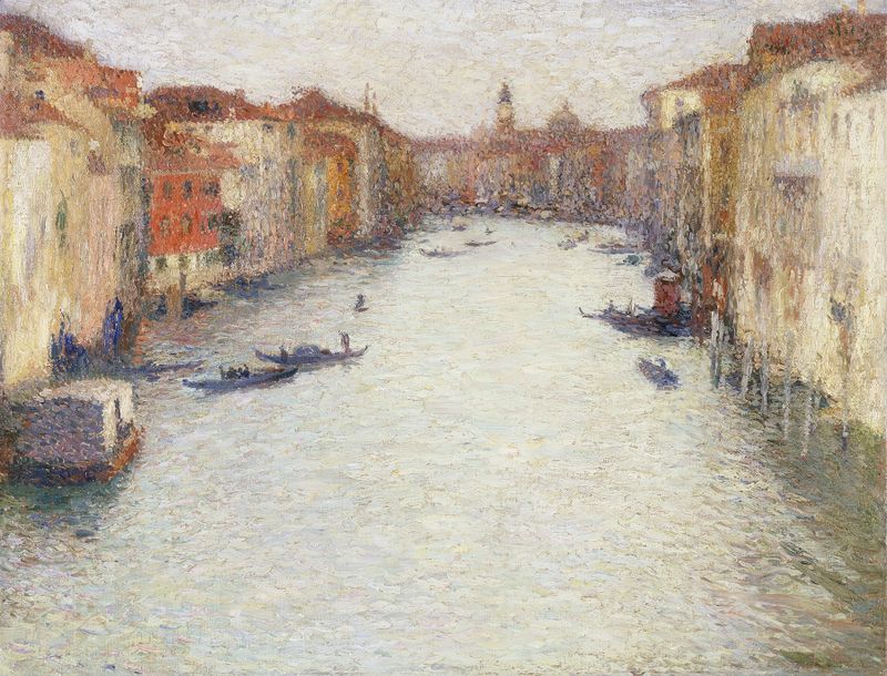 Canal en Venecia de Henri Martin, pintura al óleo que representa serenas reflexiones en el agua.