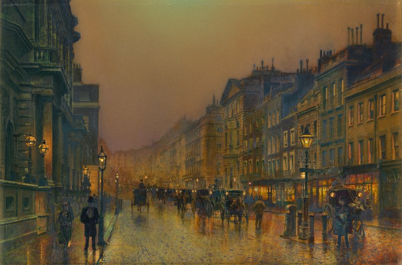 Pintura a óleo de John Atkinson Grimshaw que retrata uma rua ao crepúsculo com luz de lampião.