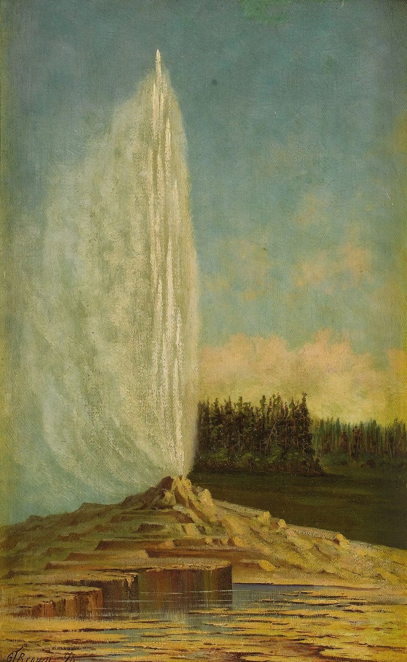 Yellowstone Geyser by Grafton Tyler Brown, realism, depicting a geyser erupting against a blue sky