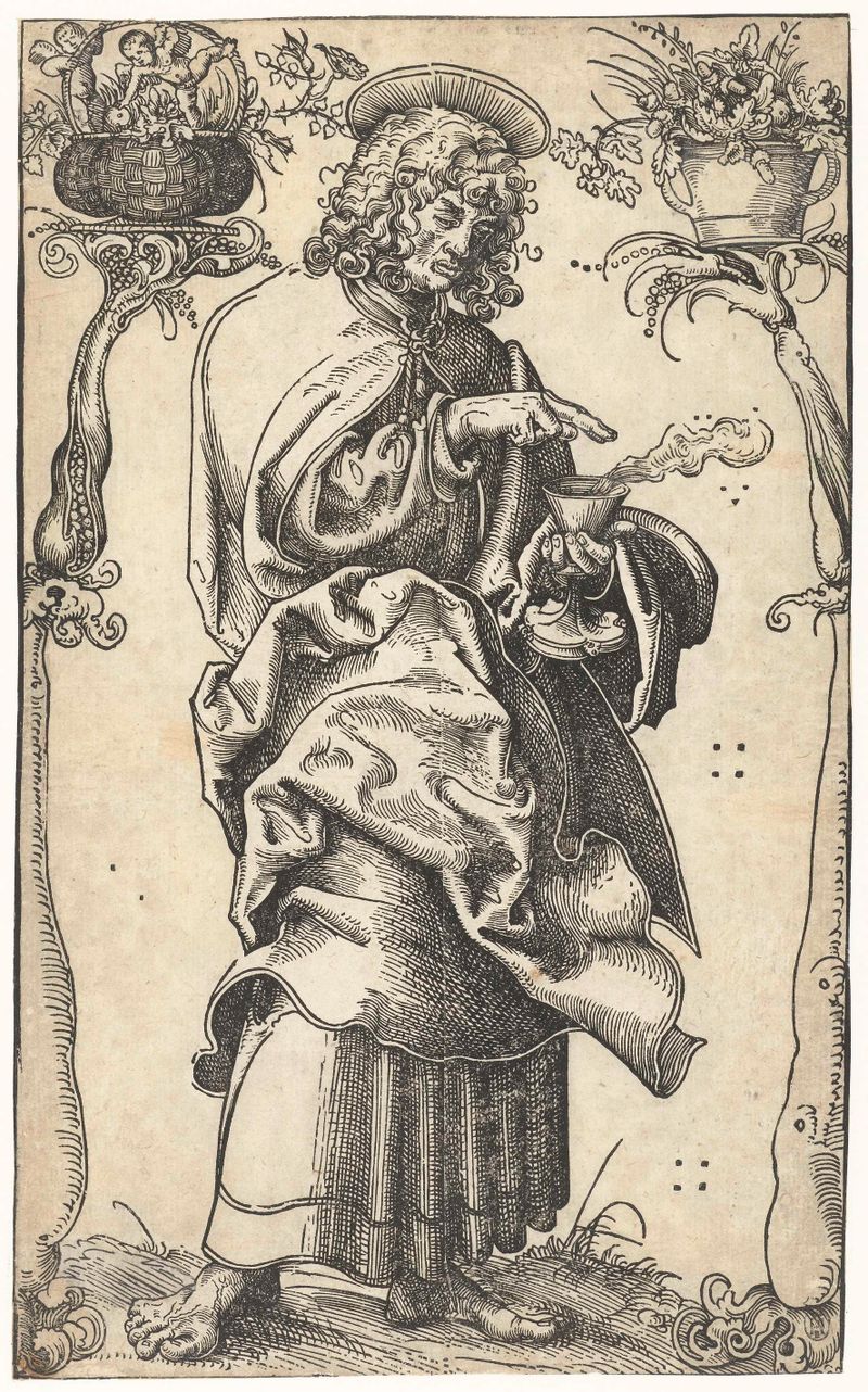 Escena religiosa de Johannes sosteniendo un cáliz, papel de Lucas Cranach