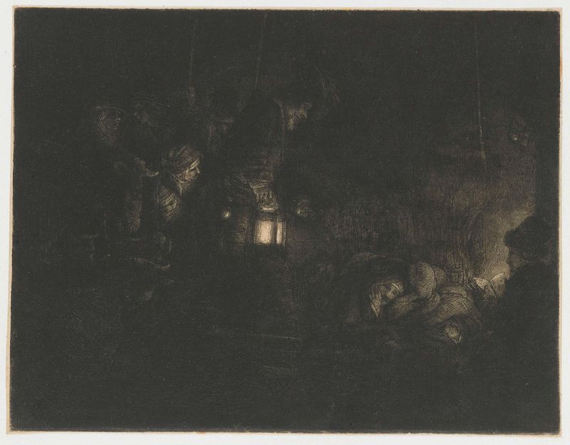 Grabado de Rembrandt van Rijn que muestra pastores alrededor del niño recién nacido en un establo.