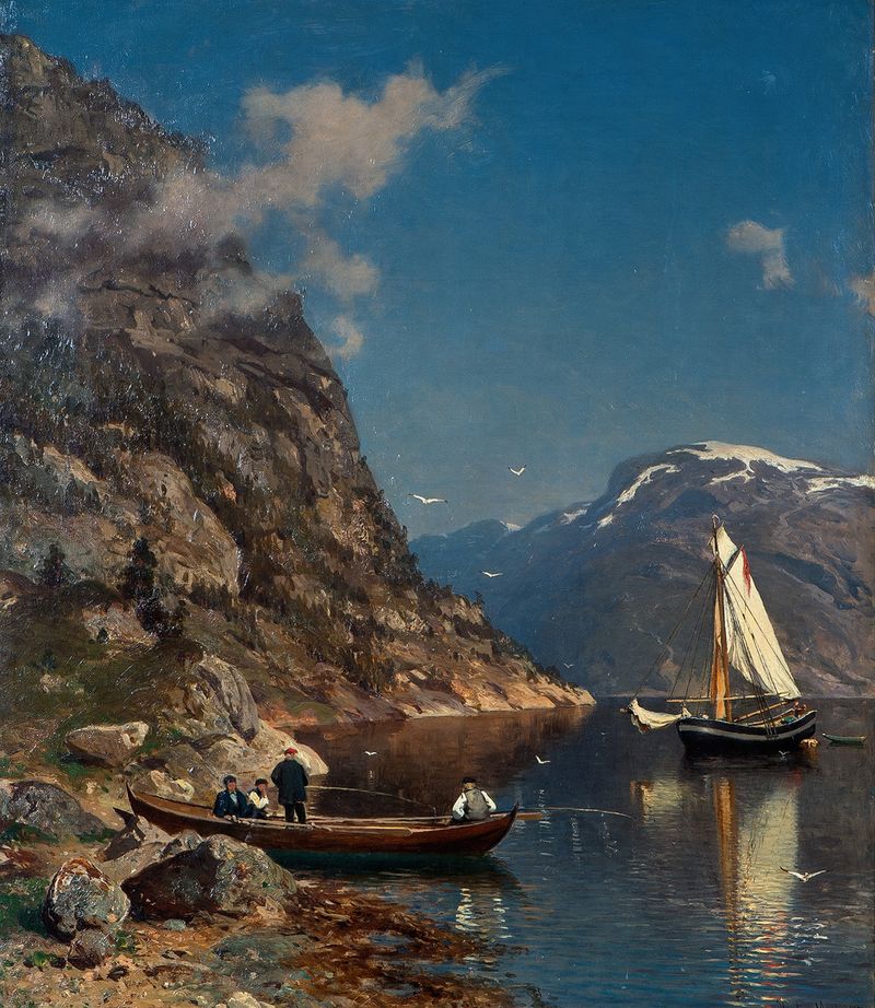 Fjord landscape by Morten Müller, oil painting depicting tranquil waters and rugged cliffs.