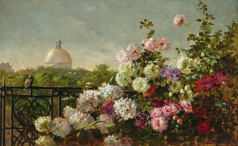 Oil painting by Abbott Fuller Graves depicting a terrace with flowers and sunlight.