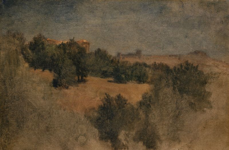 Landscape near Palestrina, oil on canvas by Arnold Böcklin, depicting serene hills and dramatic clouds.