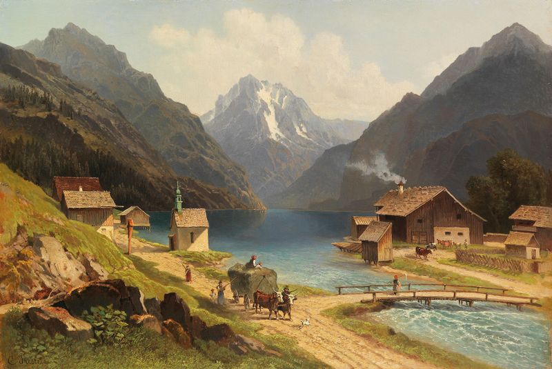 Pintura al óleo de paisaje de Carl Prestele con una granja junto al lago Achensee