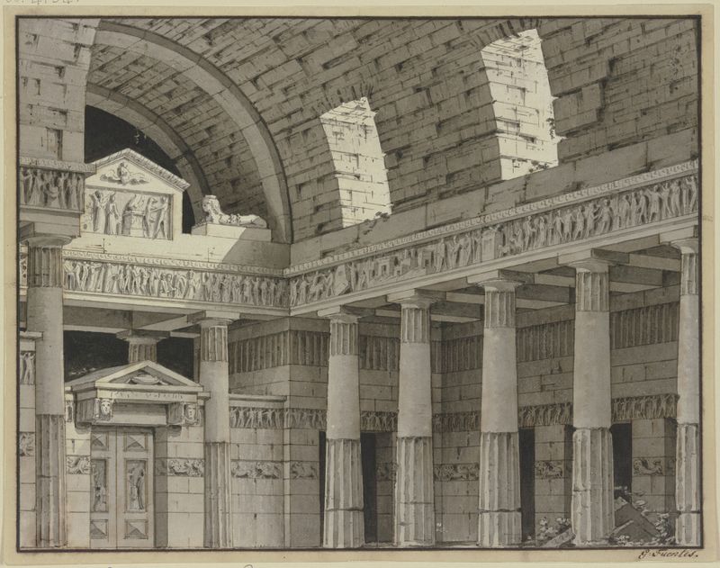 Neoclassical architecture featuring columns and a sphinx by Giorgio Fuentes