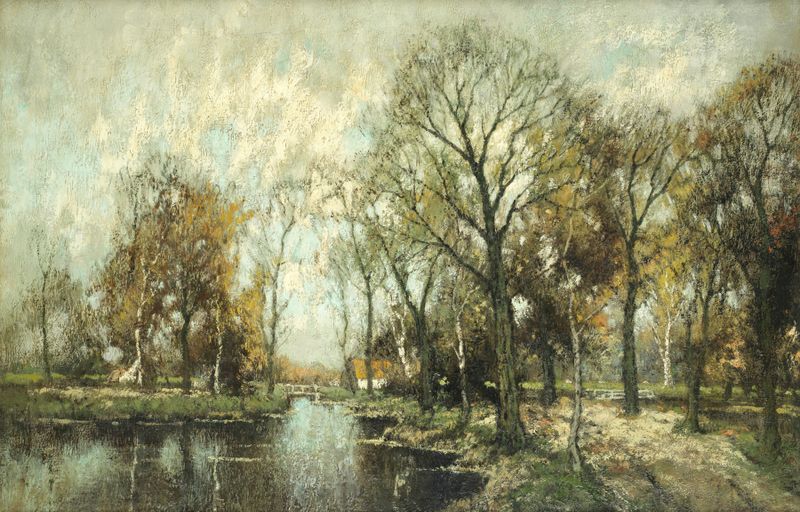 Paisagem de outono óleo de Arnold Marc Gorter mostrando folhas douradas e uma floresta serena