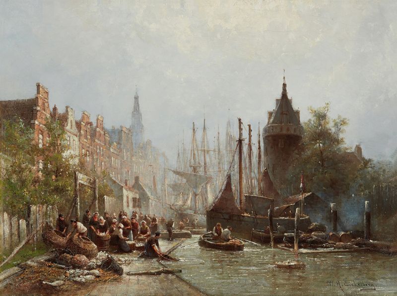Pintura a óleo de Willem Hendrik Eickelberg mostrando pescadores trabalhando perto do oceano.