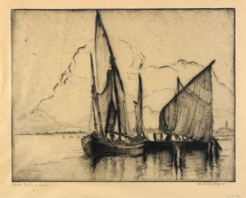 Venice Fishing Boats de Bertha Jaques, impressionismo, retratando barcos em águas turbulentas.