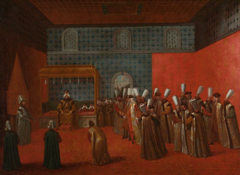 Historical scene of Ambassador Calkoen with Sultan Ahmed III, oil on canvas by Jean Baptiste Vanmour.
