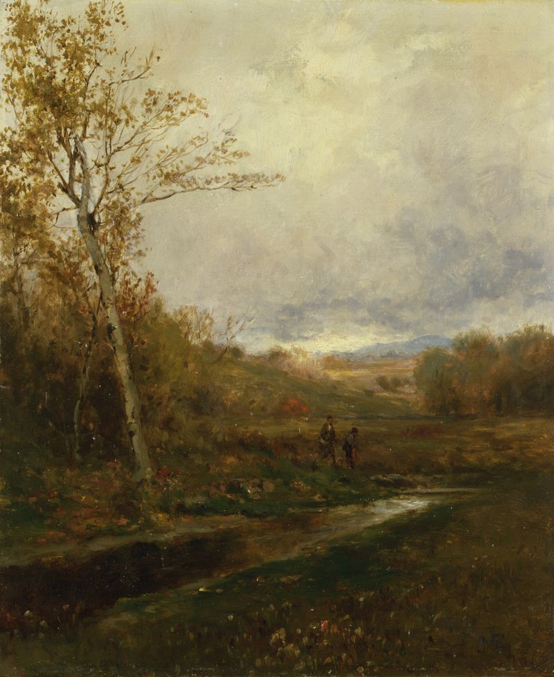 Landscape with soft earth tones and mist by Jervis McEntee, oil painting