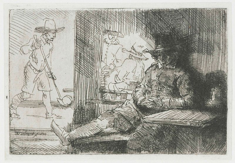 Gravura de Rembrandt van Rijn mostrando homens jogando ringball.
