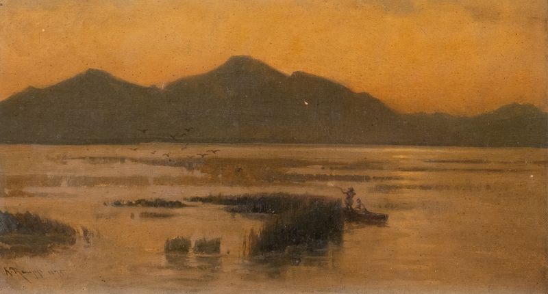 Evening at lake Chiemsee by Karl Raupp, oil on canvas depicting tranquil waters at twilight.