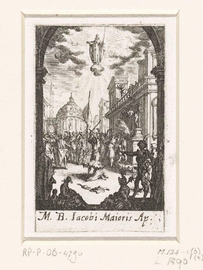 Grabado de Jacques Callot que representa el martirio de Santiago con angustia y aceptación.