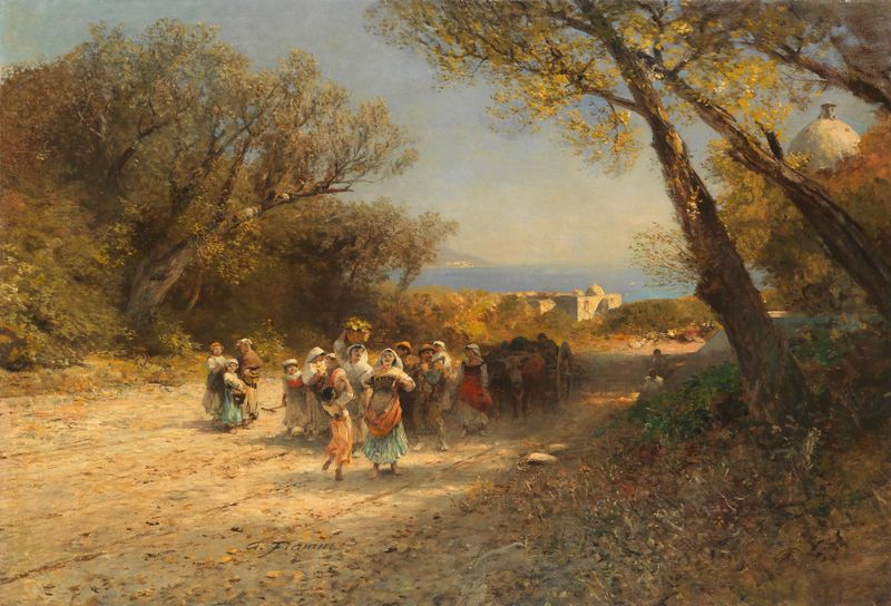 Oil painting by Albert Flamm depicting two farmers in a landscape after work.