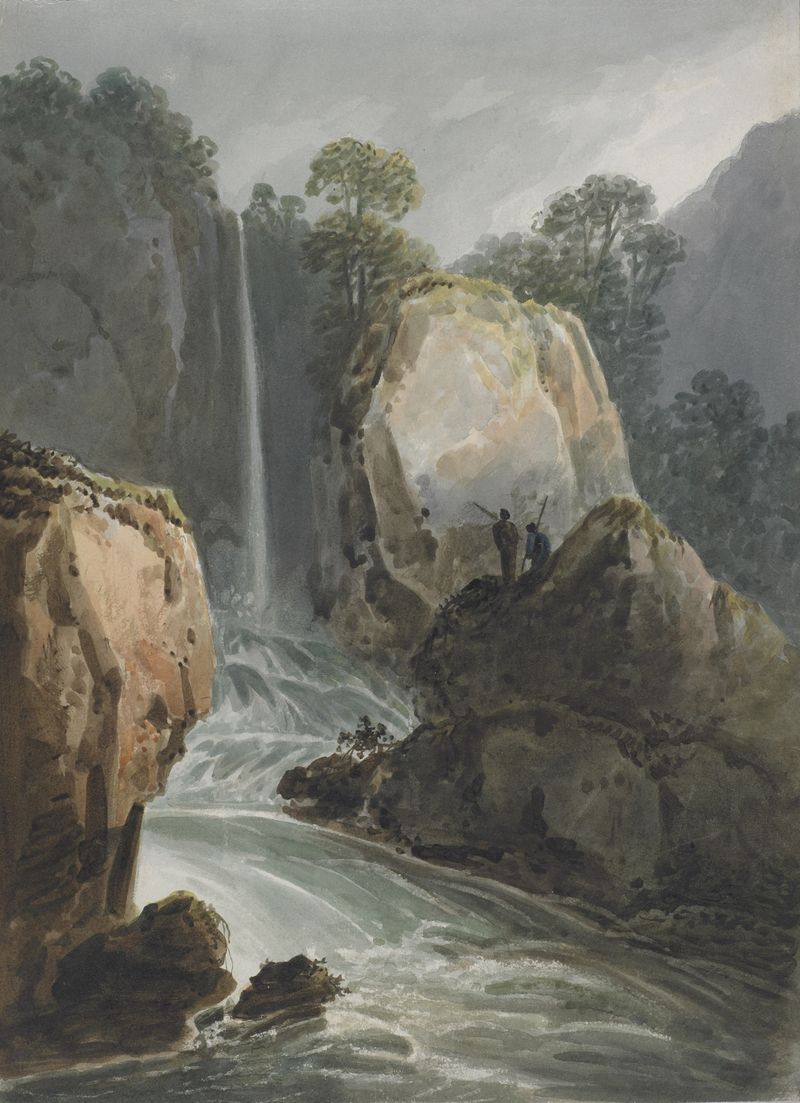 Cumberland de Richard Sasse, un paisaje romántico en óleo que presenta un río y un bosque.