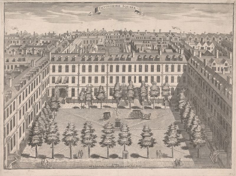 Obra figurativa de Sutton Nicholls, que representa la vida urbana en Devonshire Square, estilo modernismo.