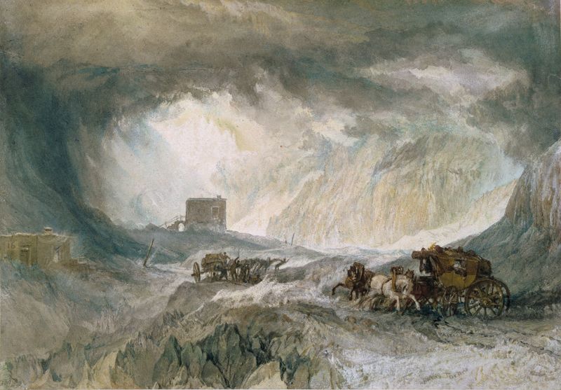 Snowstorm, Mont Cenis de Joseph Mallord William Turner, pintura al óleo que representa una tormenta sobre montañas.