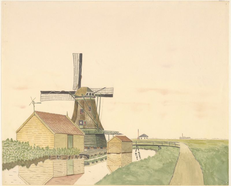 Paisagem com um moinho em estilo abstrato, pintura a óleo de Johannes Nicolaas Eijman