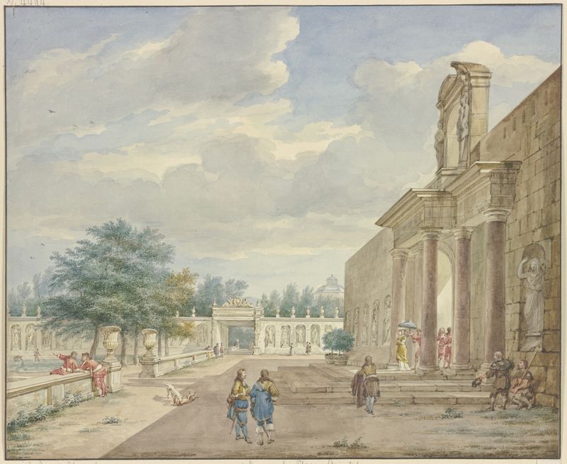 Garden with Terrace and Opulent Portal by Aert Schouman, oil painting depicting a vibrant landscape.