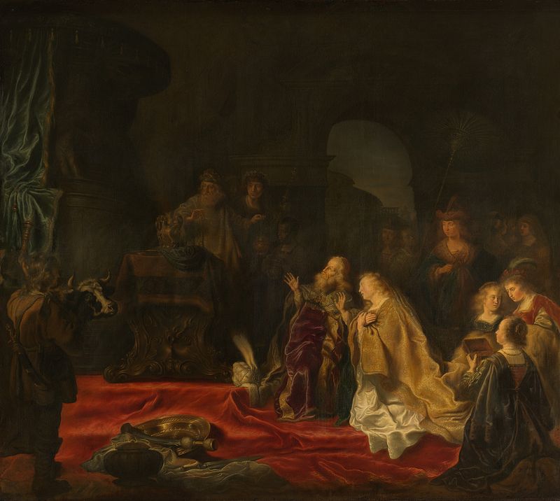The Idolatry of King Solomon, oil on canvas by Salomon Koninck, featuring King Solomon surrounded by idols.