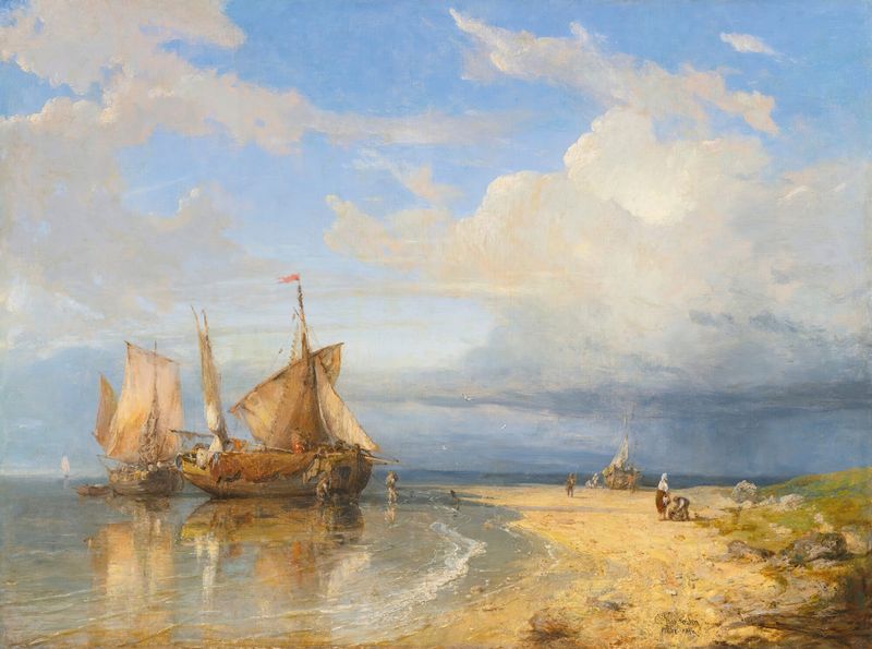 Realism oil painting by Charles Euphrasie Kuwasseg depicting fishermen unloading a catch near a boat.