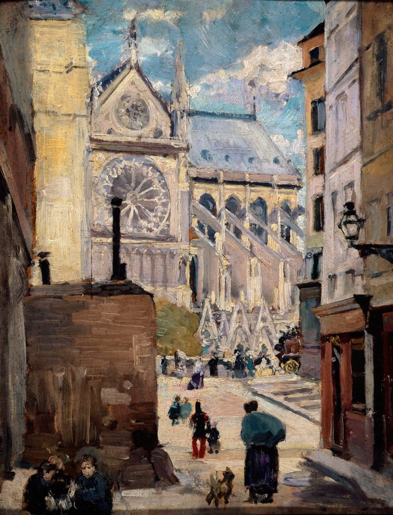 Notre-Dame, vue de la rue de l’Hôtel-Colbert, oil on canvas by Emile Antoine Guillier