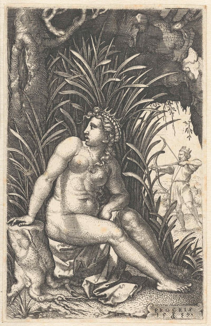 Grabado de Procris bespiedt Cephalus de Georg Pencz mostrando a Procris observando a Cephalus.