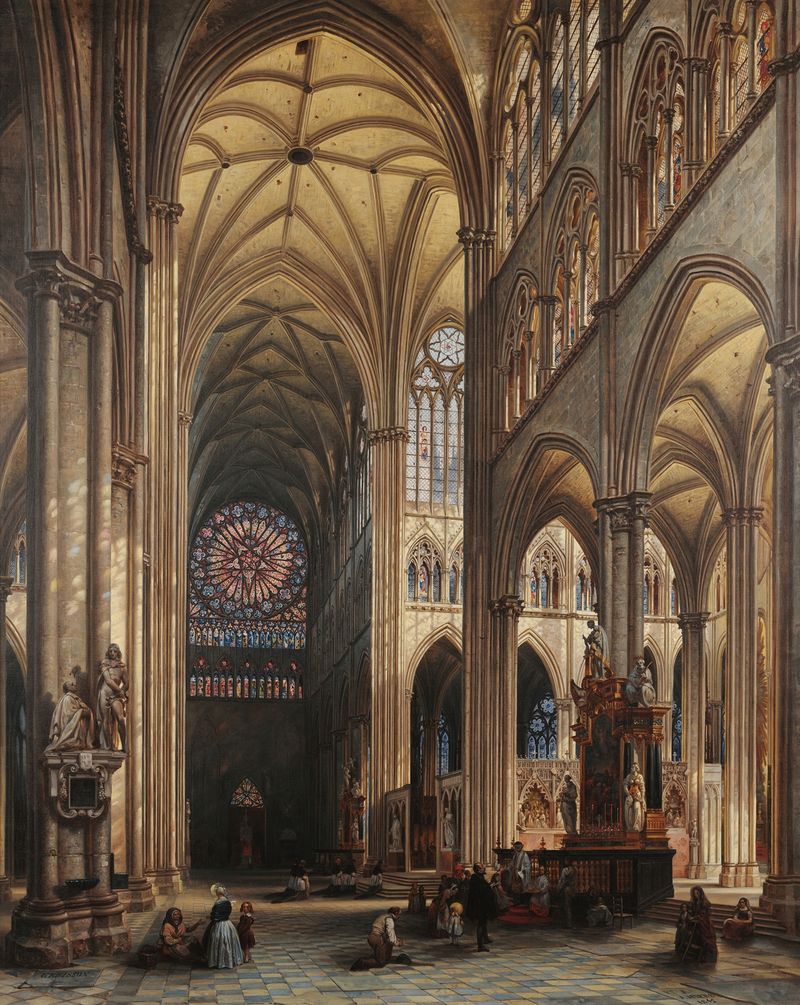 Interior da Catedral de Amiens por Jules Victor Génisson, pintura a óleo