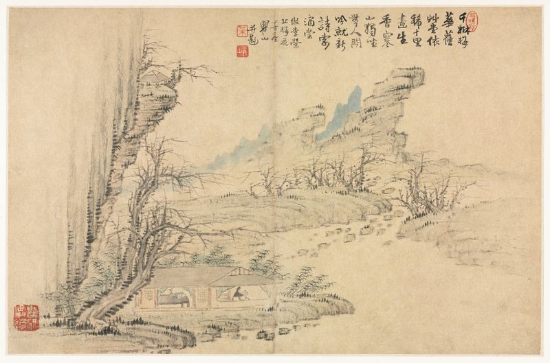 Paisagem de Mei Qing, Tradicional Chinês, representando montanhas e um rio