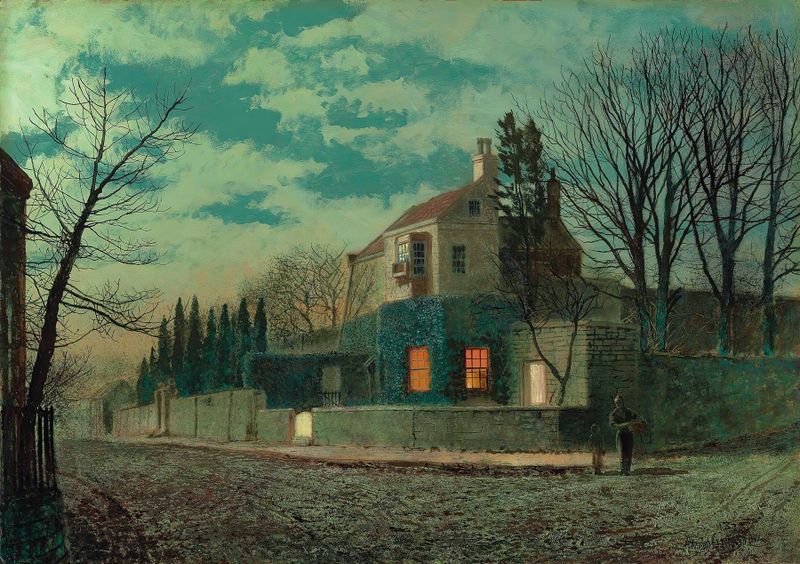 Yew Court, Scalby de John Atkinson Grimshaw, retratando paisagem ao crepúsculo com árvores de teixo, pintura a óleo