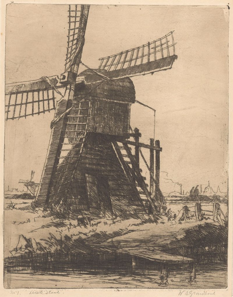 Pintura a óleo impressionista de Willem Adrianus Grondhout mostrando um moinho e seu reflexo na água