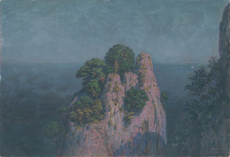 Seascape with Rocks by Dezider Czölder, oil painting depicting rocky formations and waves.