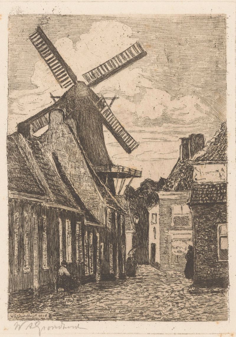 Paisaje con un molino, pintura al óleo de Willem Adrianus Grondhout