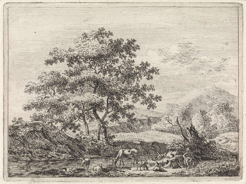 Herder met vee bij rivier, etching by Johannes Christiaan Janson depicting a herder with cattle by a river.