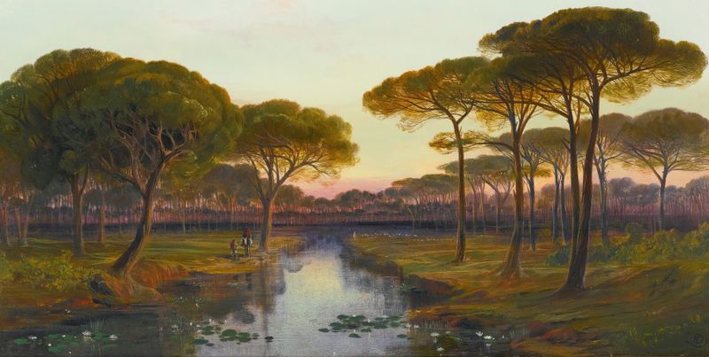 The Pineta, Ravenna de Edward Lear, aquarela sobre papel que retrata uma floresta tranquila com luz filtrando através das ...