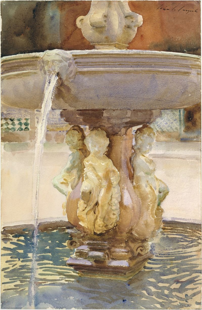 Spanish Fountain de John Singer Sargent, pintura a óleo que retrata uma fonte cercada por folhagem exuberante e reflexos