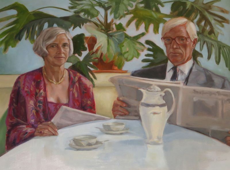 Pintura figurativa al óleo de Olivia Fischer Fox que representa a Sally y David Moore.