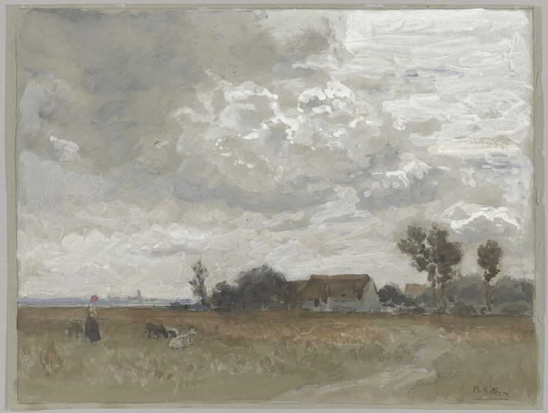 Figurative scene of a woman with goats in a pastoral landscape by Philipp Röth