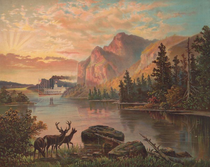 A river scene lithograph by Krebs Lith. Co, showcasing a vibrant landscape at dusk.