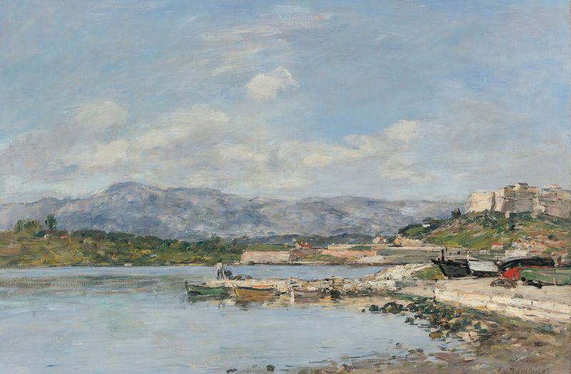 Cena marinha ao pôr do sol sobre o mar, óleo de Eugène Boudin