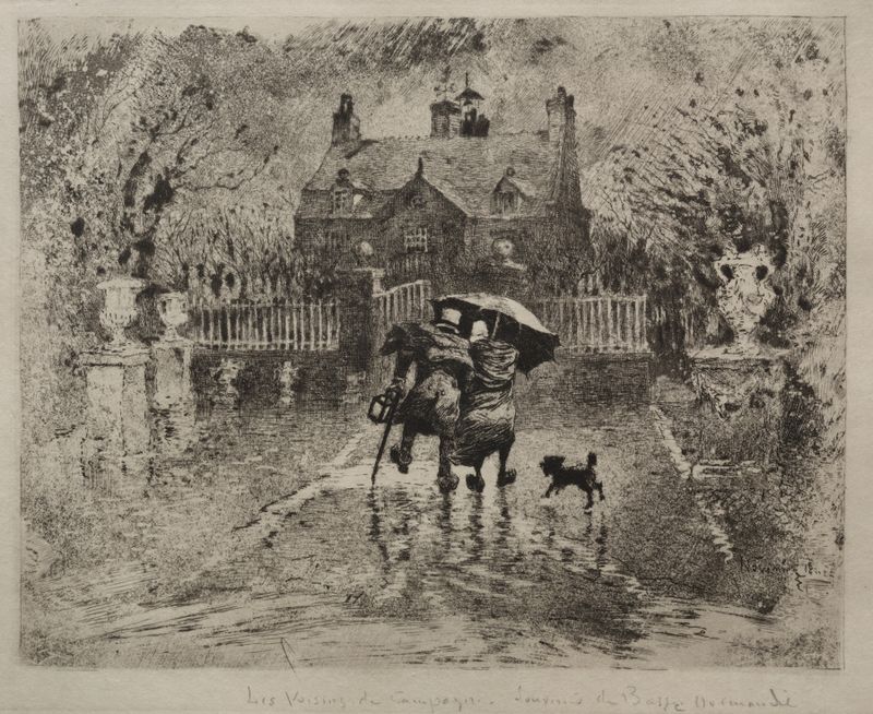 Country Neighbors etching by Félix Hilaire Buhot depicting two figures in conversation.