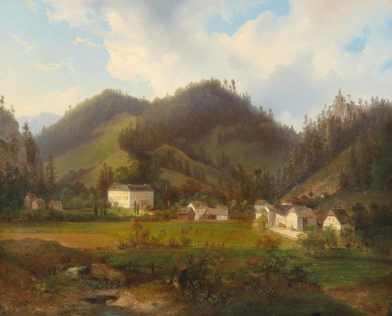 View of Schloss Gutenstein, oil on canvas by Carl Hasch, depicting a castle amidst lush greenery.