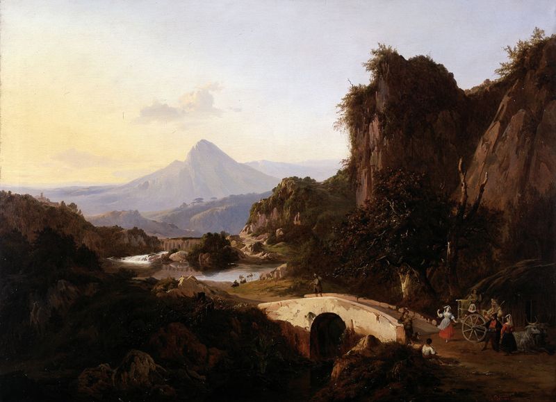 Italian Landscape with Dancing Figures, óleo sobre lienzo de Edouard De Vigne, que representa bailarines alegres en un pai...