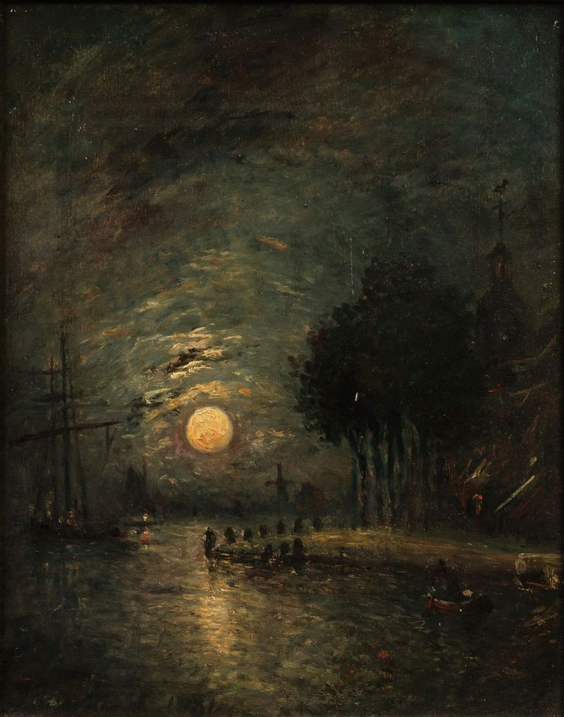 Moonlight, View of Dordrecht de Johan Barthold Jongkind, óleo sobre tela que retrata uma paisagem noturna serena.